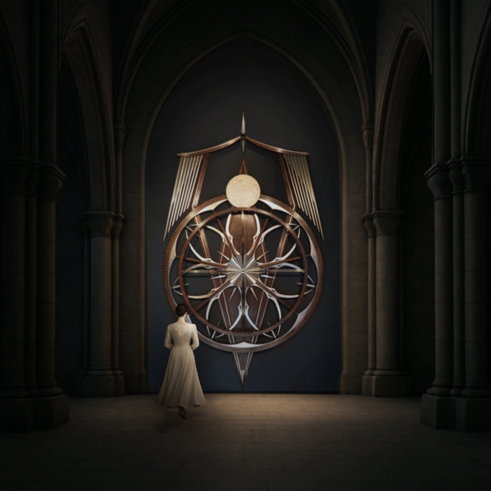 Large wooden wall sculpture made from walnut, brass and gold leaf, featuring three slow-rotating circular wheels set within a geometric framework. Handcrafted with fine cabinetmaking techniques, the piece is motorized for silent, continuous movement.